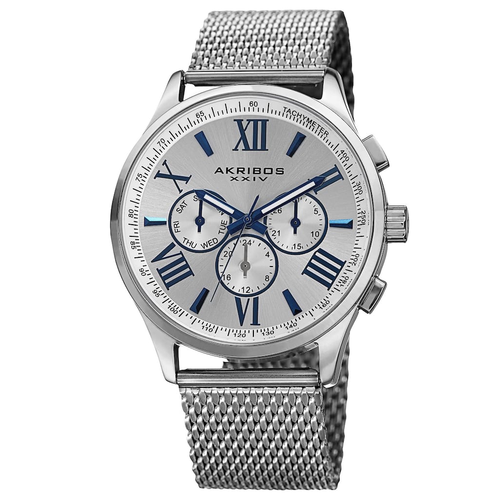 Akribos XXIV Men's Swiss Quartz Multifunction Dual Time Stainless Steel Silver-Tone Bracelet Watch - silver