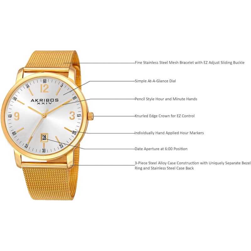 Akribos XXIV Men's Swiss Quartz Date Aperture Stainless Steel Gold-Tone Bracelet Watch - Gold