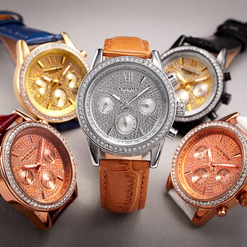 Akribos XXIV Women's Swiss Quartz Multifunction Watch with Leather Strap