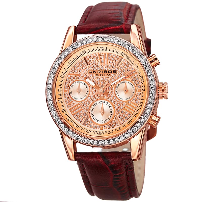 Akribos XXIV Women's Swiss Quartz Multifunction Watch with Leather Strap - burgundy