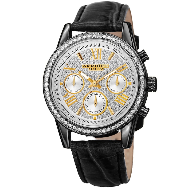 Akribos XXIV Women's Swiss Quartz Multifunction Watch with Leather Strap - Black