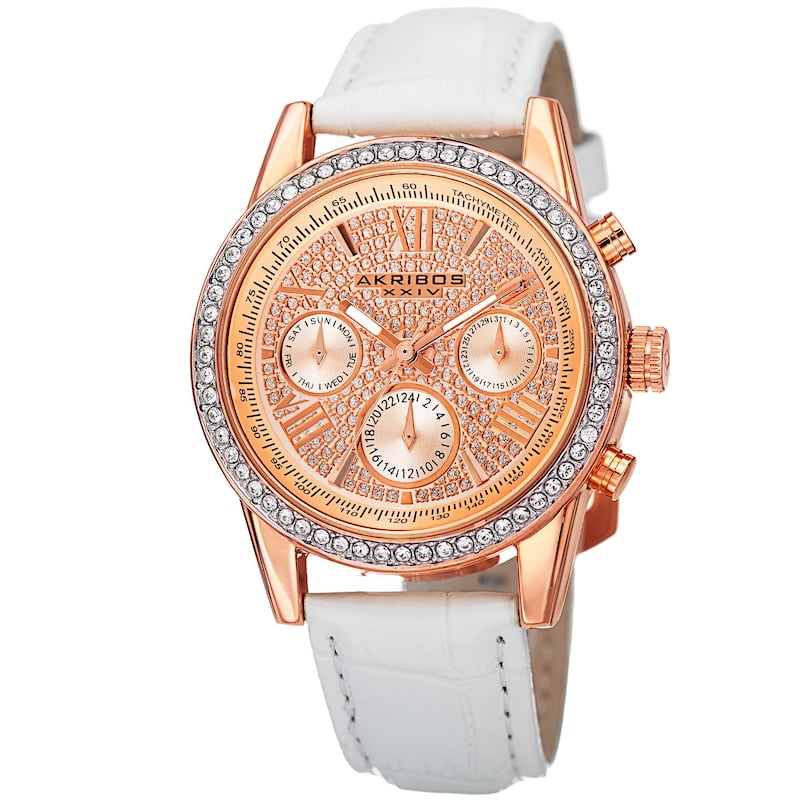 Akribos XXIV Women's Swiss Quartz Multifunction Watch with Leather Strap - White / Rose-Tone