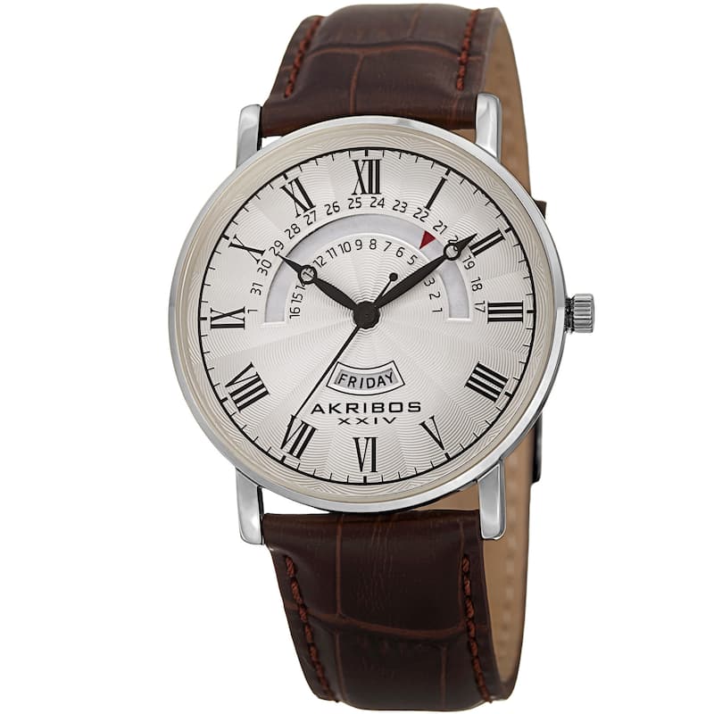 Akribos XXIV Men's Movement Retrograde Day/ Day Watch with Leather Strap - silver