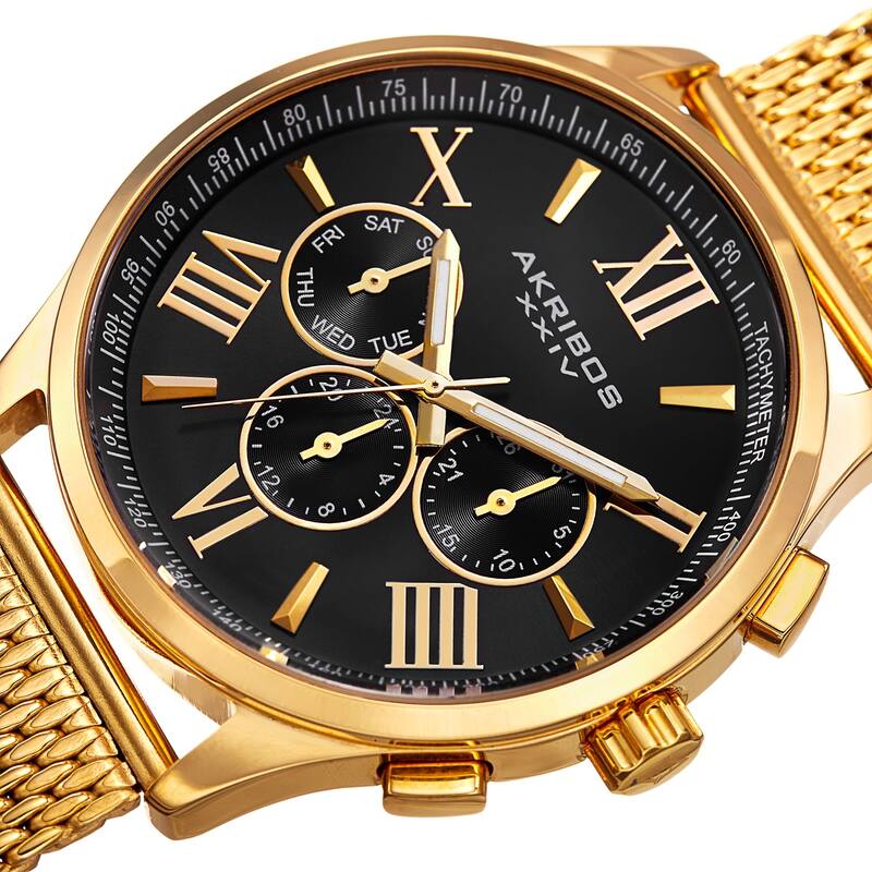Akribos XXIV Men's Swiss Quartz Multifunction Dual Time Stainless Steel Black Bracelet Watch