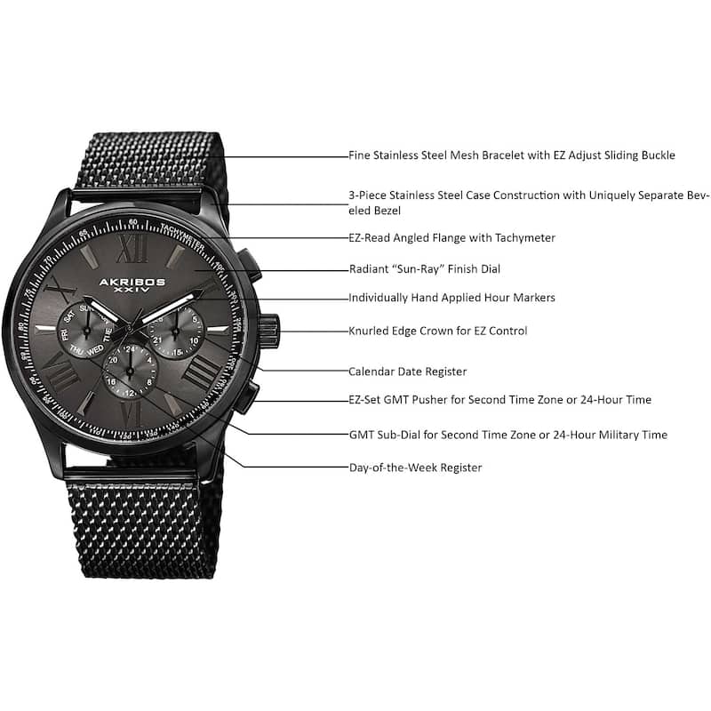 Akribos XXIV Men's Swiss Quartz Multifunction Dual Time Stainless Steel Black Bracelet Watch