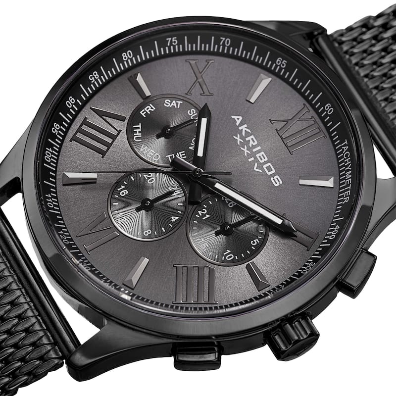 Akribos XXIV Men's Swiss Quartz Multifunction Dual Time Stainless Steel Black Bracelet Watch
