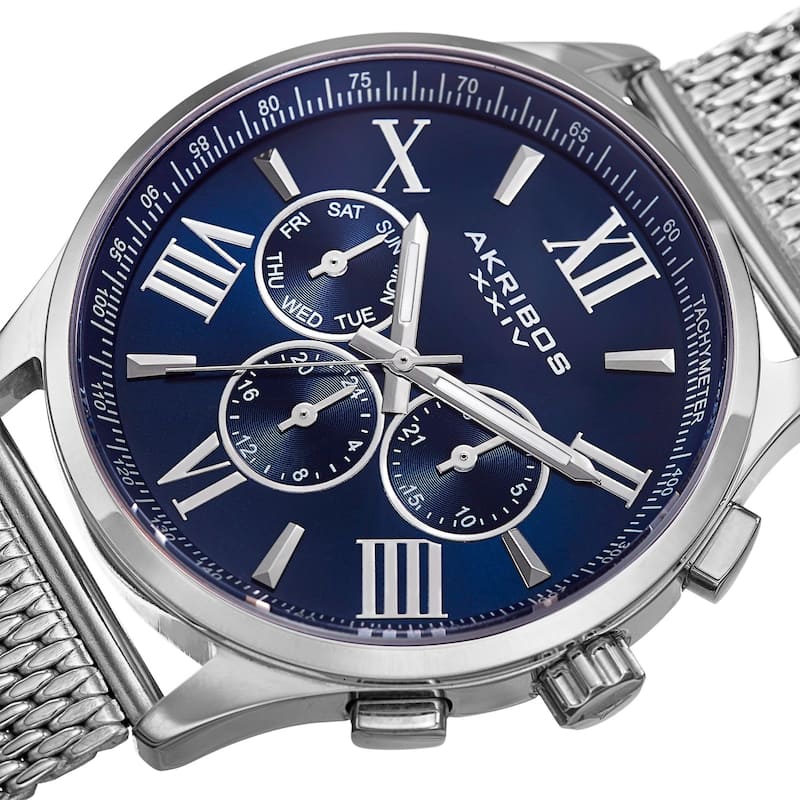 Akribos XXIV Men's Swiss Quartz Multifunction Dual Time Stainless Steel Black Bracelet Watch - Blue/Silver