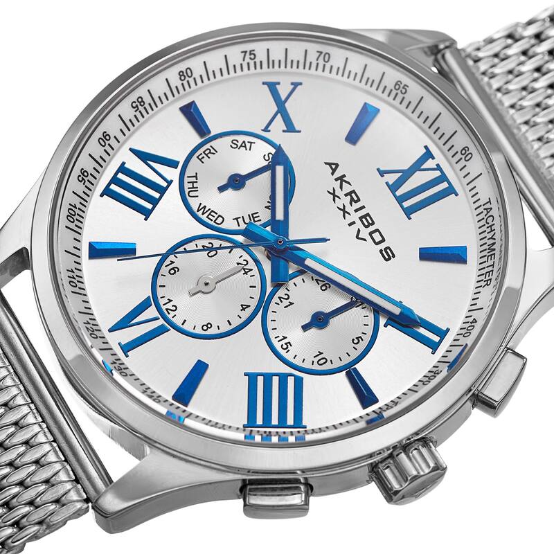 Akribos XXIV Men's Swiss Quartz Multifunction Dual Time Stainless Steel Black Bracelet Watch - Silver