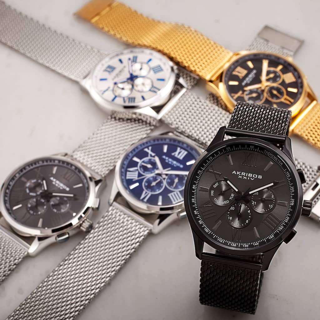 Akribos XXIV Men's Swiss Quartz Multifunction Dual Time Stainless Steel Black Bracelet Watch