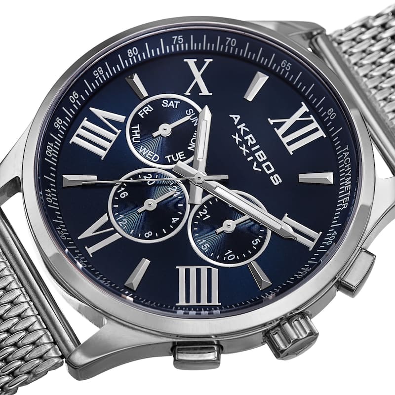 Akribos XXIV Men's Swiss Quartz Multifunction Dual Time Stainless Steel Silver-Tone Bracelet Watch - Blue