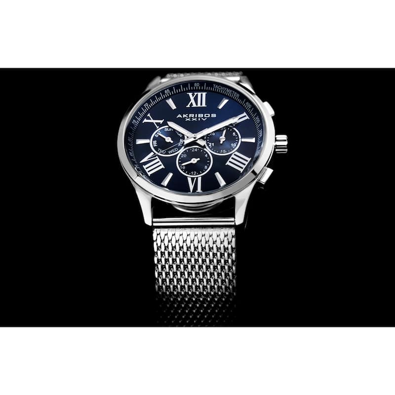 Akribos XXIV Men's Swiss Quartz Multifunction Dual Time Stainless Steel Silver-Tone Bracelet Watch - Blue
