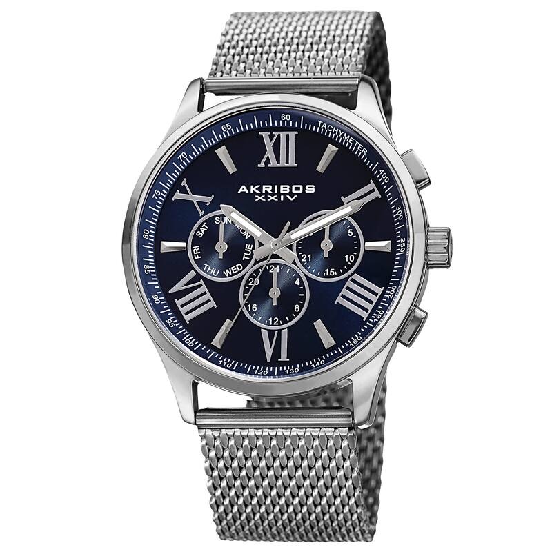 Akribos XXIV Men's Swiss Quartz Multifunction Dual Time Stainless Steel Silver-Tone Bracelet Watch - Blue