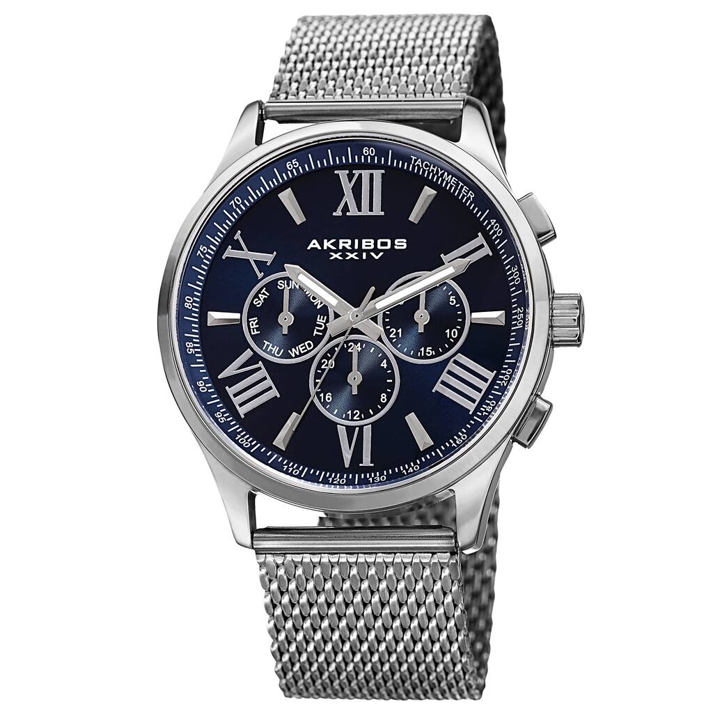 Akribos XXIV Men's Swiss Quartz Multifunction Dual Time Stainless Steel Silver-Tone Bracelet Watch - Blue