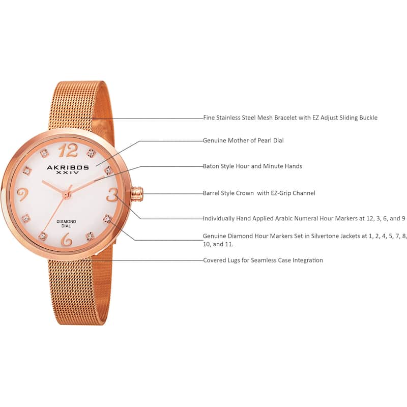Akribos XXIV Women's Quartz Diamond Stainless Steel Rose-Tone Bracelet Watch - Gold