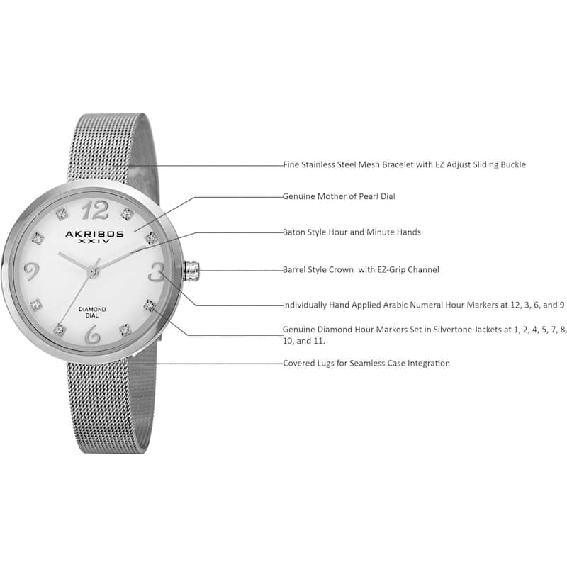 Akribos XXIV Women's Quartz Diamond Stainless Steel Silver-Tone Bracelet Watch - silver