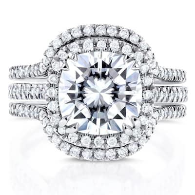 Annello by Kobelli 14k White Gold Moissanite and 3/4ct TDW Diamond Halo 3-Piece Bridal Rings Set