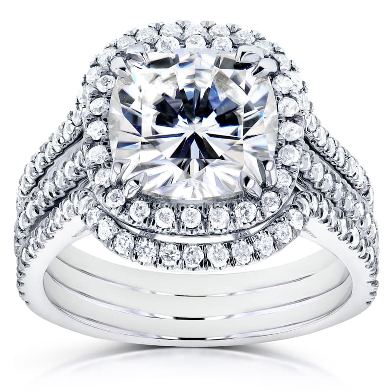 Annello by Kobelli 14k White Gold Moissanite and 3/4ct TDW Diamond Halo 3-Piece Bridal Rings Set