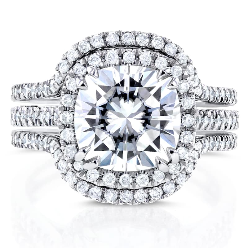 Annello by Kobelli 14k White Gold Moissanite and 3/4ct TDW Diamond Halo 3-Piece Bridal Rings Set