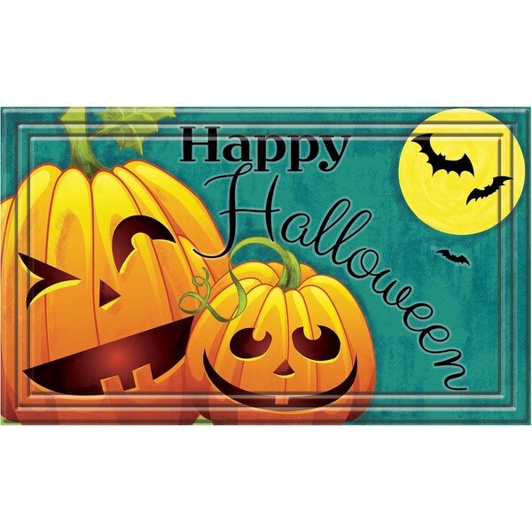 Shop Fashionables Happy Halloween Jack O's Teal Door Mat (18 x 30 ...