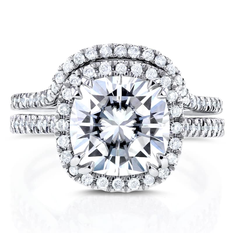 Annello by Kobelli 14k White Gold 3 1/4ct TGW Cushion Moissanite and Diamond Halo Contoured Bridal Rings Set