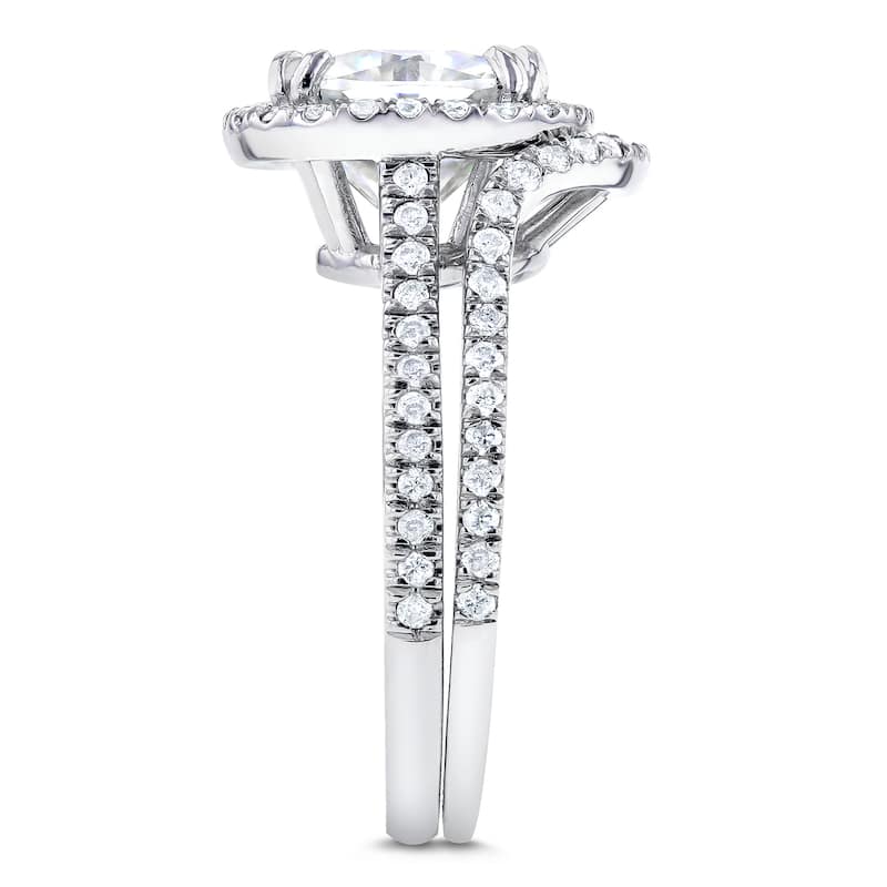 Annello by Kobelli 14k White Gold 3 1/4ct TGW Cushion Moissanite and Diamond Halo Contoured Bridal Rings Set