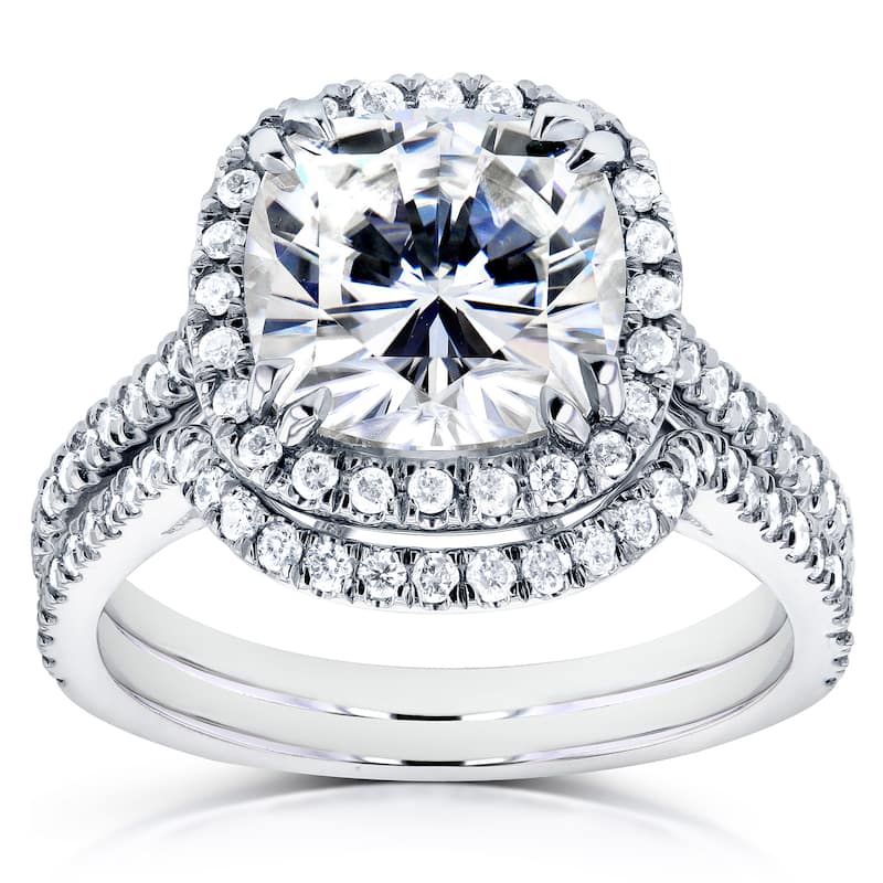 Annello by Kobelli 14k White Gold 3 1/4ct TGW Cushion Moissanite and Diamond Halo Contoured Bridal Rings Set