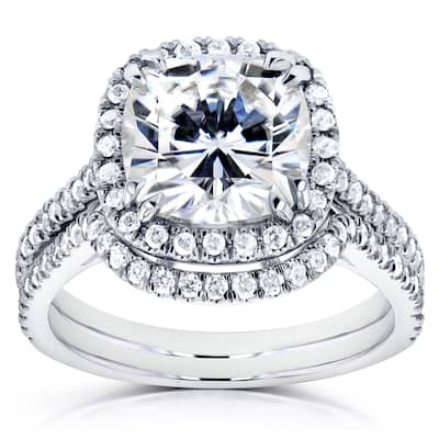 Annello by Kobelli 14k White Gold 3 1/4ct TGW Cushion Moissanite and Diamond Halo Contoured Bridal Rings Set