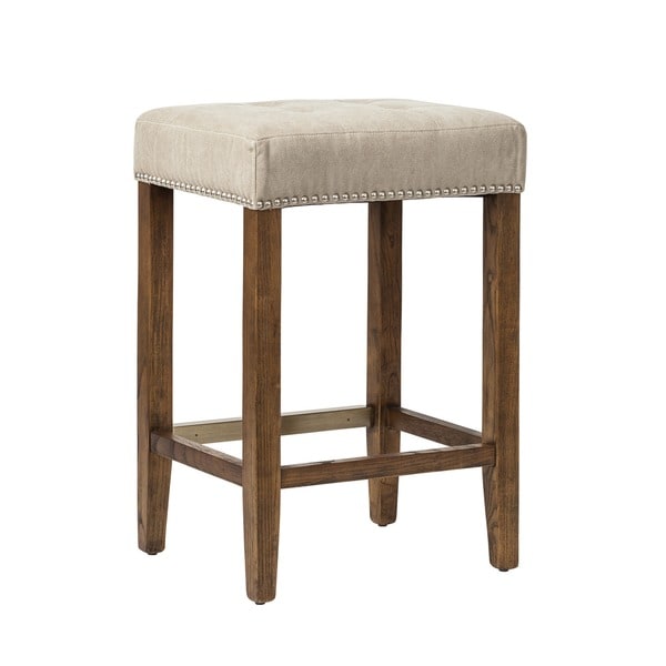 Handmade Ash Canvas and Wood Studded Counter Stool with Kickplate