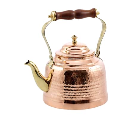 Old Dutch Solid Copper Hammered 2 qt. Tea Kettle with Brass Spout and Wooden Handle