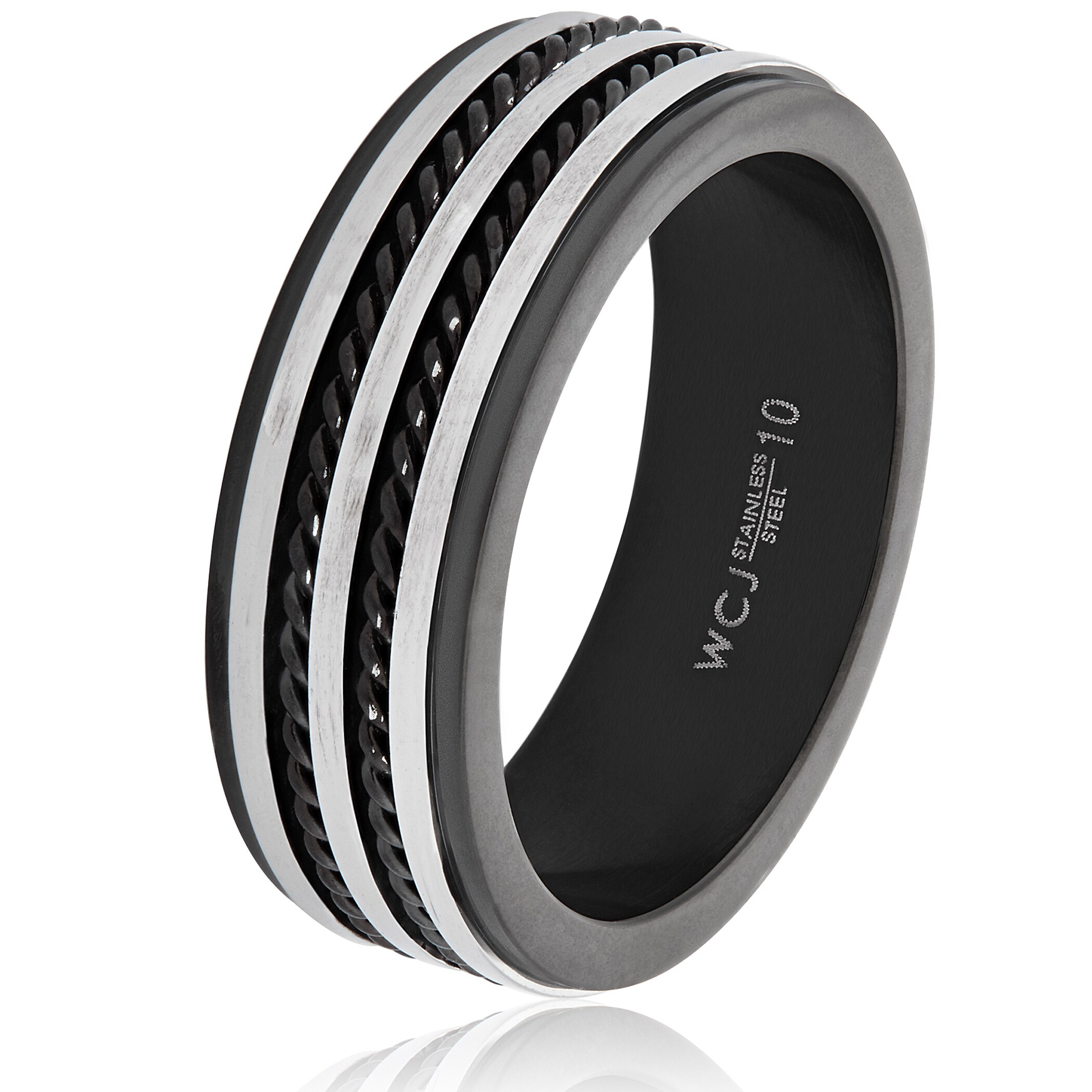 Black Ceramic Ring with Double Rope Stainless Steel Inlay 8mm