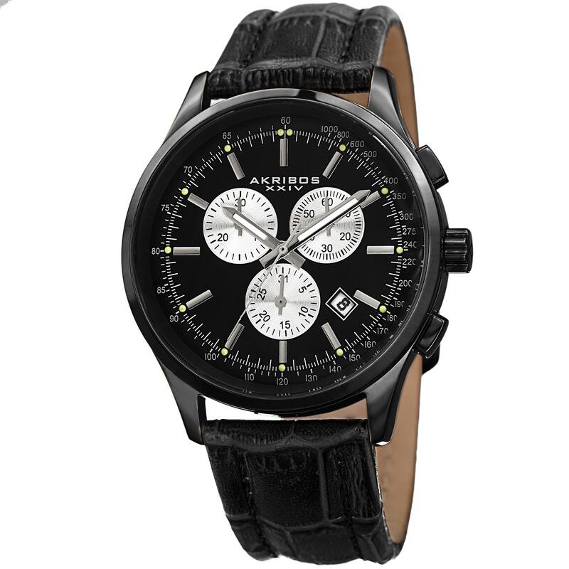 Akribos XXIV Men's Swiss Quartz Chronograph Leather Strap Watch - black
