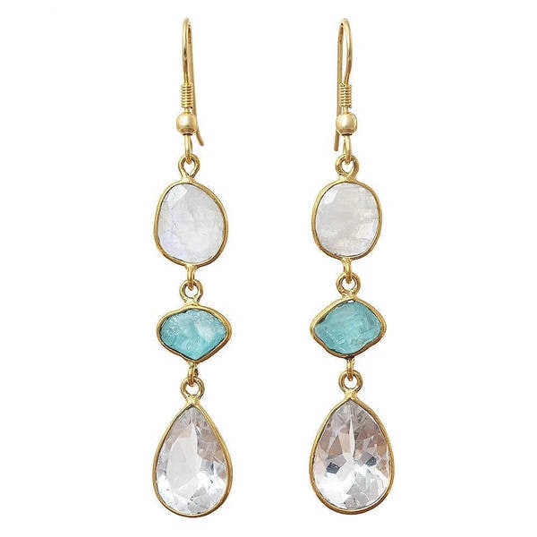 Handmade Gold Overlay Crystal, Apatite and Moonstone Earrings (India). Opens flyout.
