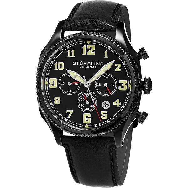 slide 2 of 6, Stuhrling Original Men's Quartz Chronograph Leather Strap Watch Black
