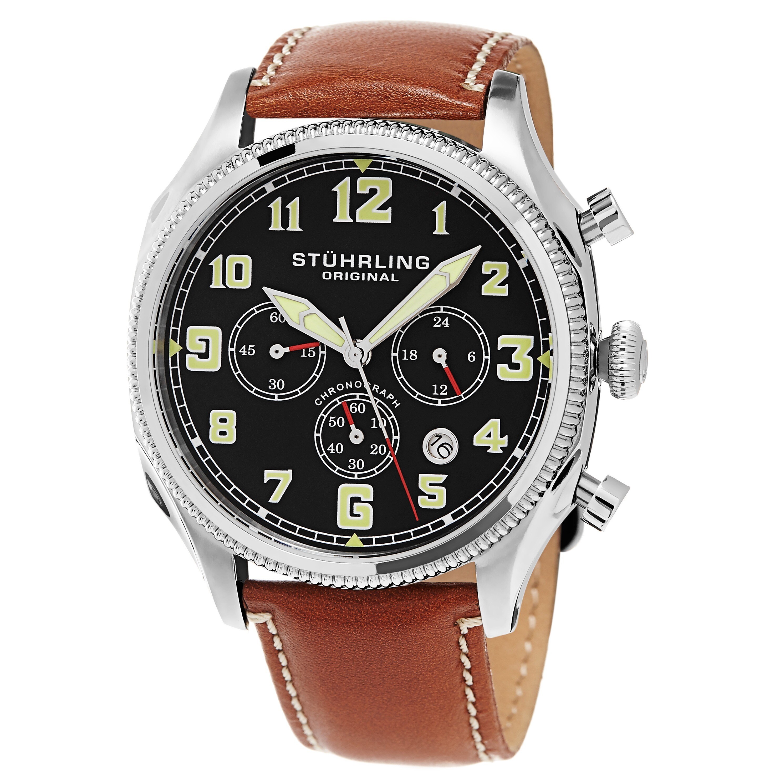 Stuhrling Original Men's Quartz Chronograph Leather Strap Watch - On