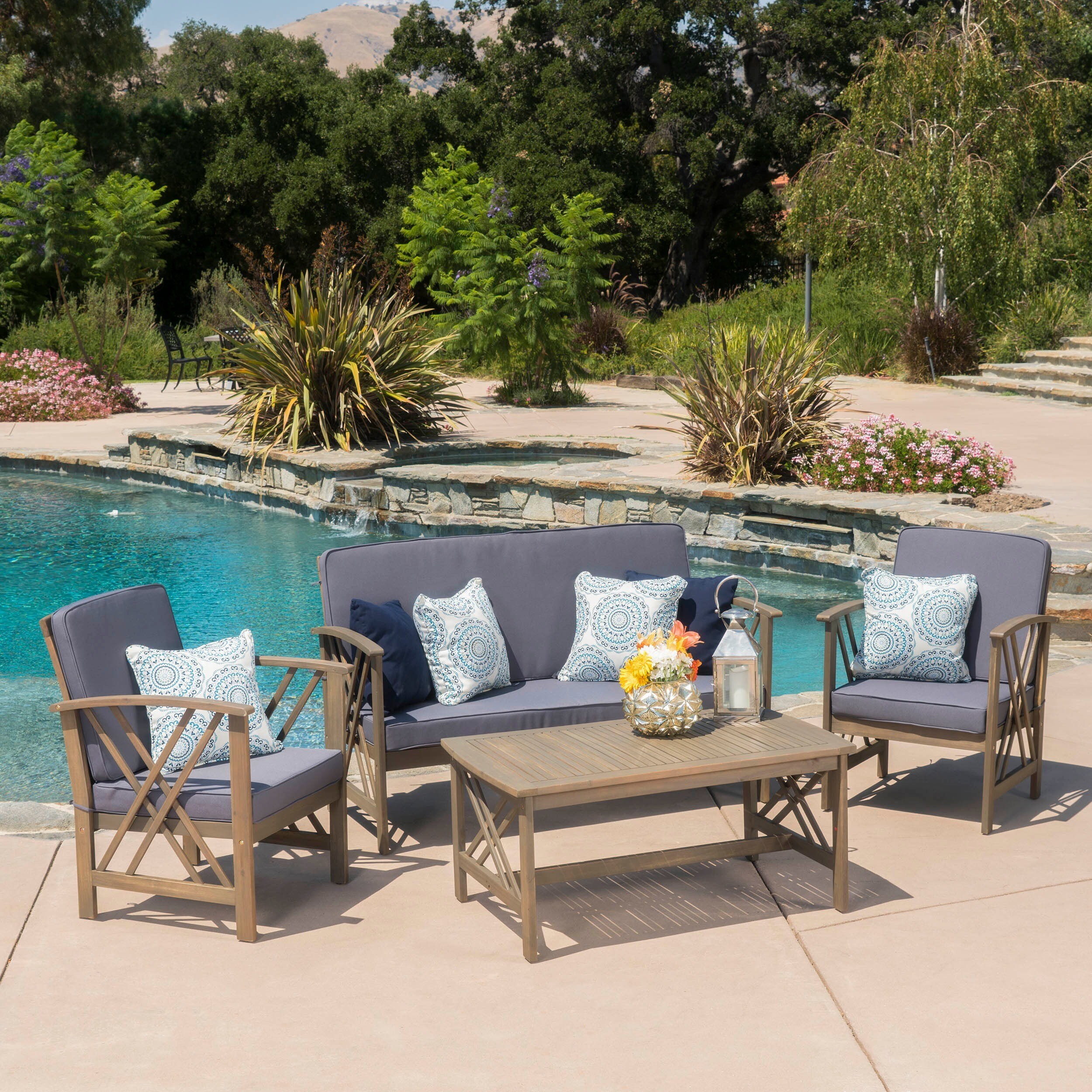 Langdon Outdoor 4piece Acacia Wood Chat Set with Cushions by Christopher Knight eBay