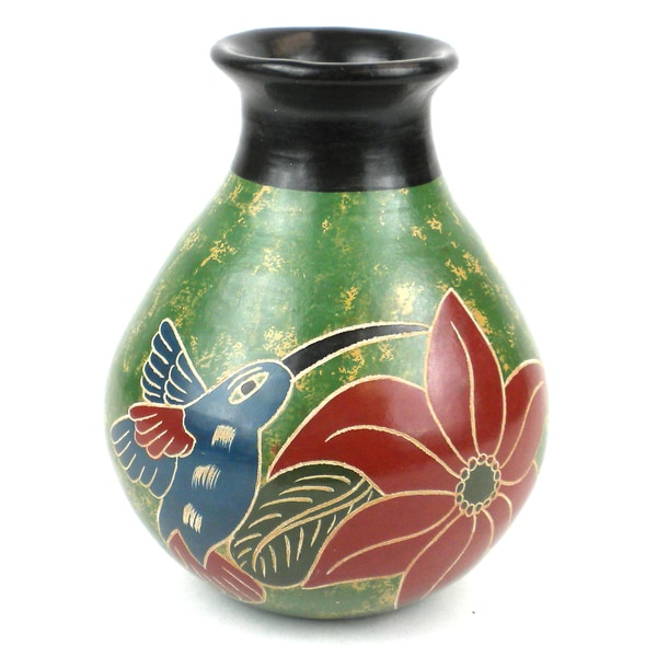 Handmade 7 inch Tall Vase   Hummingbird on Flower Design (Nicaragua)