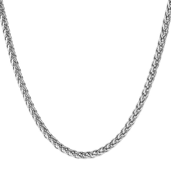 Men's Polished Stainless Steel Wheat Chain Necklace (24 Inches) - Silver
