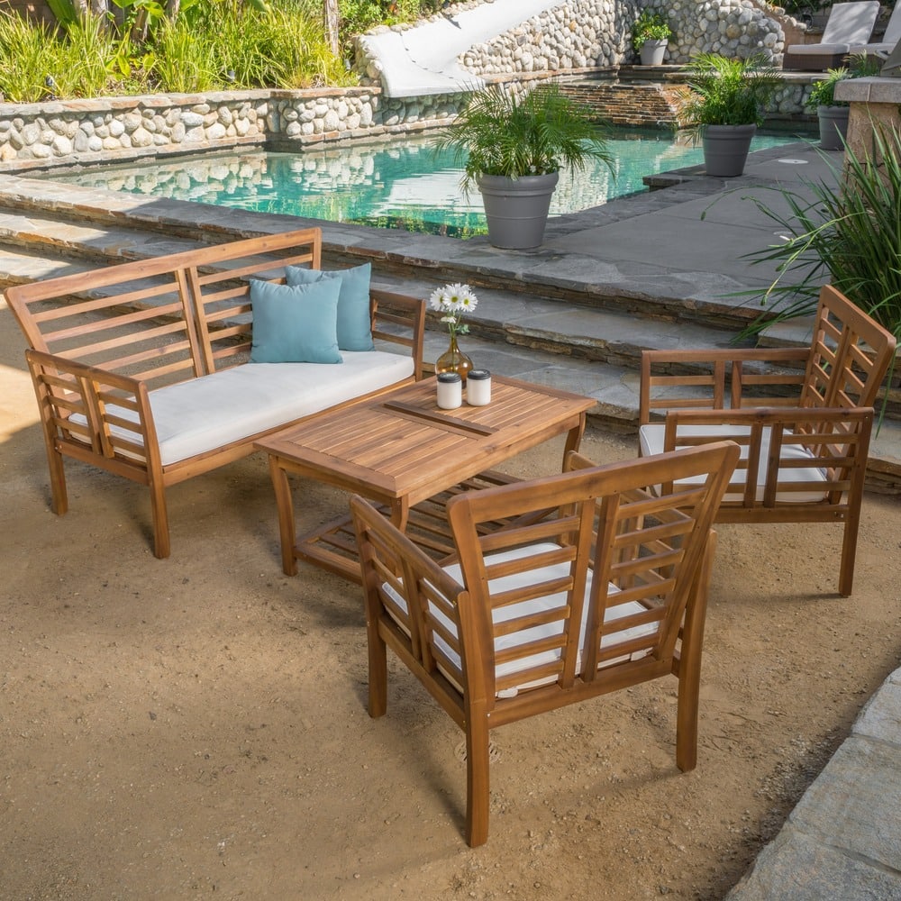 Christopher Knight Home Caydon Outdoor 4-piece Acacia Wood Chat Set with Cushions