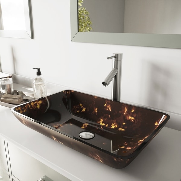 VIGO Brown and Gold Glass Vessel Bathroom Sink and Dior Faucet Set