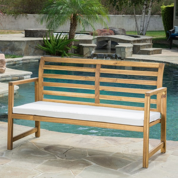 Emilano Outdoor Acacia Wood Loveseat Bench with Cushion by Christopher