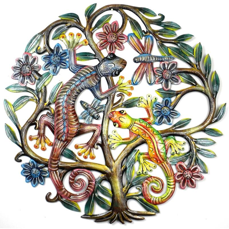 Handmade 24-Inch Painted Tree of Life with Geckos Metal Wall Art (Haiti)