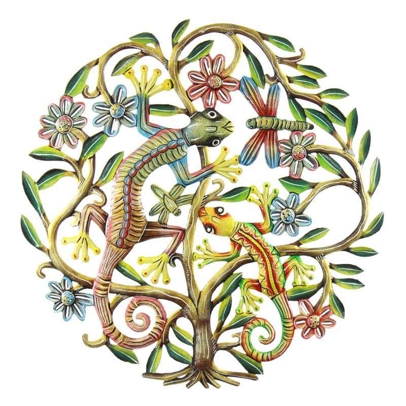 Handmade 24-Inch Painted Tree of Life with Geckos Metal Wall Art (Haiti)