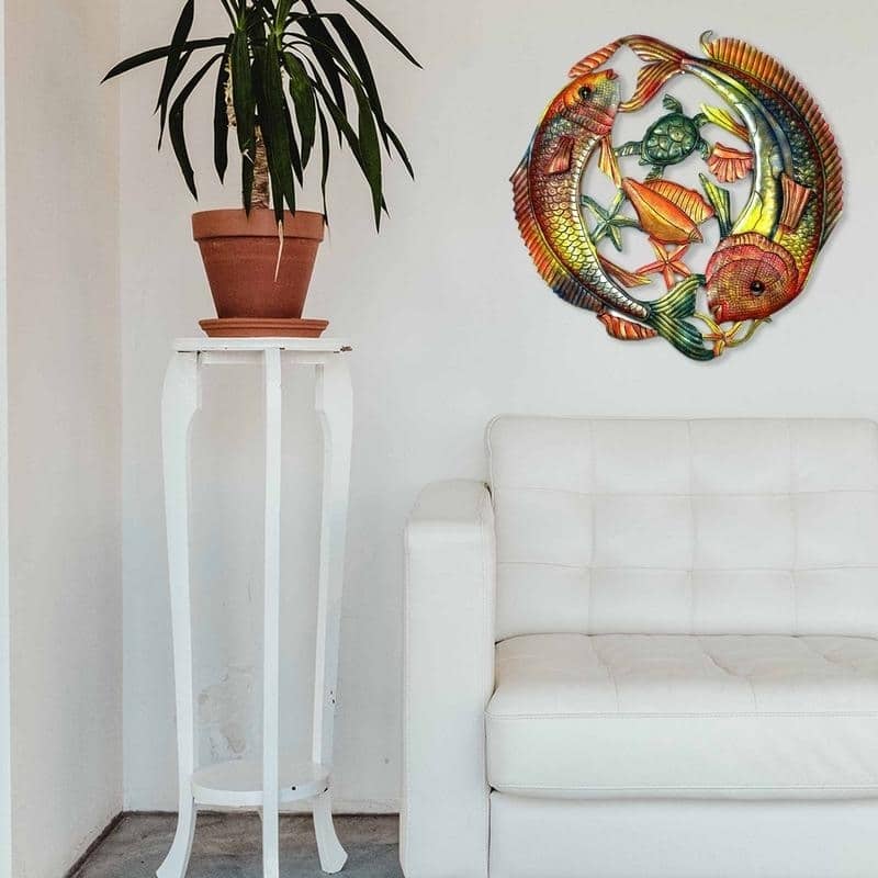 Handmade 24-Inch Painted Two Leaping Fish Metal Wall Art (Haiti)