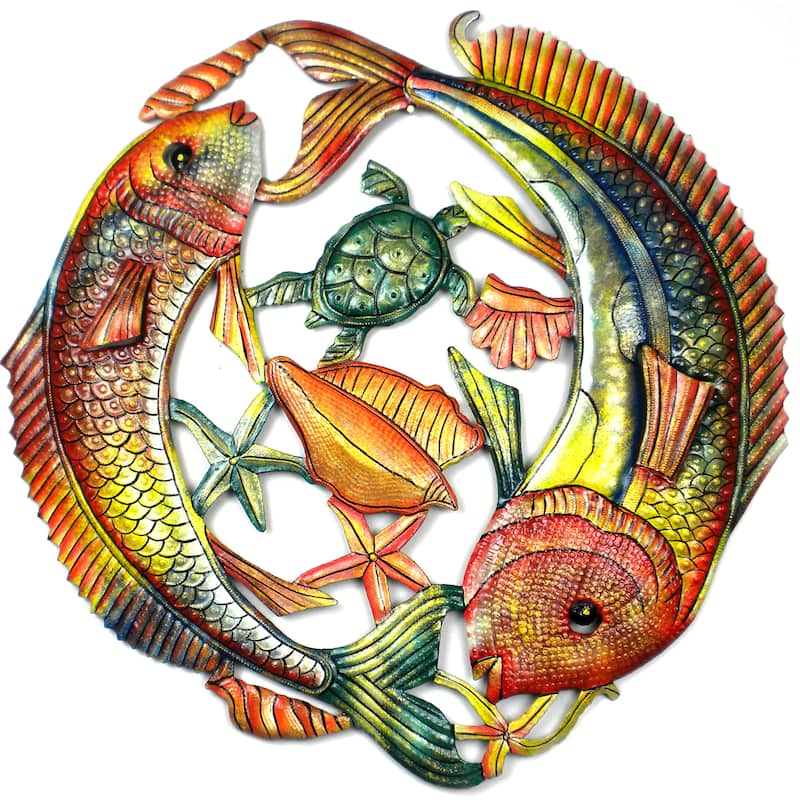Handmade 24-Inch Painted Two Leaping Fish Metal Wall Art (Haiti)