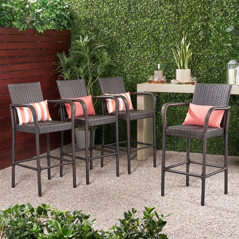 Delfina Outdoor Wicker Barstool (Set of 4) by Christopher Knight Home - 24.80"L x 24.35"W x 46.50"H - Mix Mocha