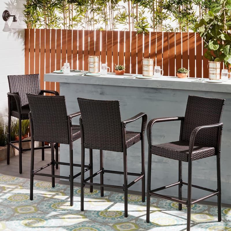 Delfina Outdoor Wicker Barstool (Set of 4) by Christopher Knight Home - 24.80"L x 24.35"W x 46.50"H - Brown