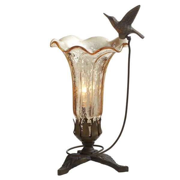 9" H Hand Blown Mercury Glass Hummingbird Lily Lamp