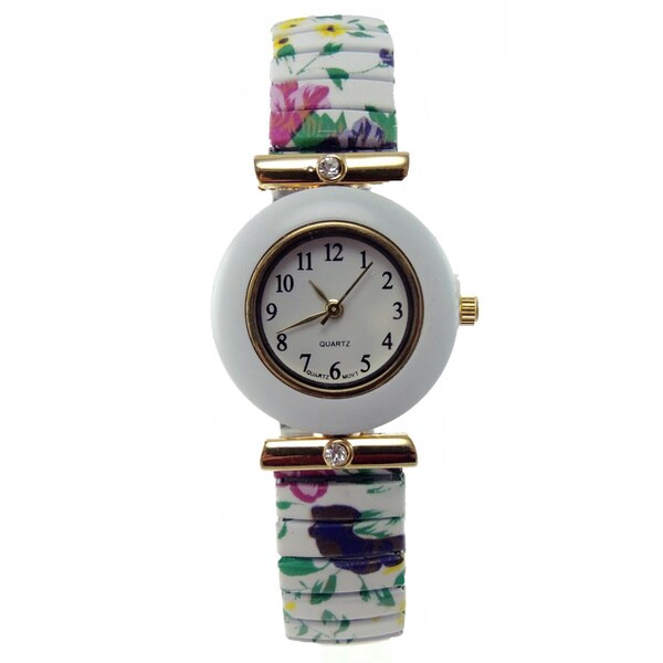 Women's Stretch Band Watch with Round Faux Marble Bezel, Crystal Accents, and Easy Read Dial