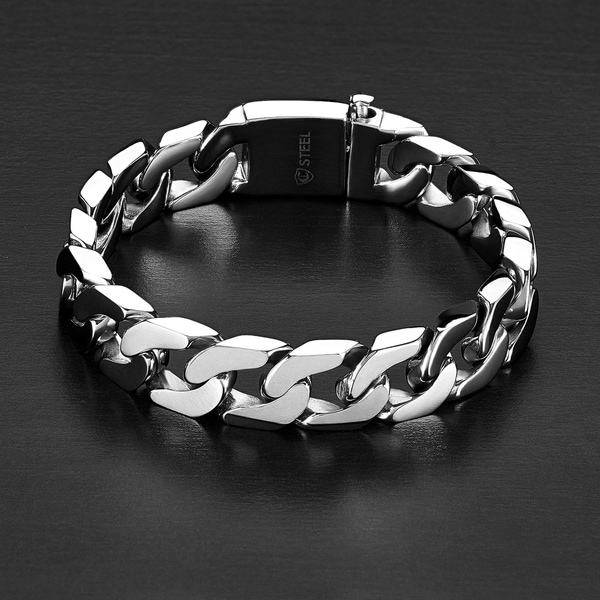 Crucible Stainless Steel Polished Box Clasp Curb Chain Bracelet - Silver