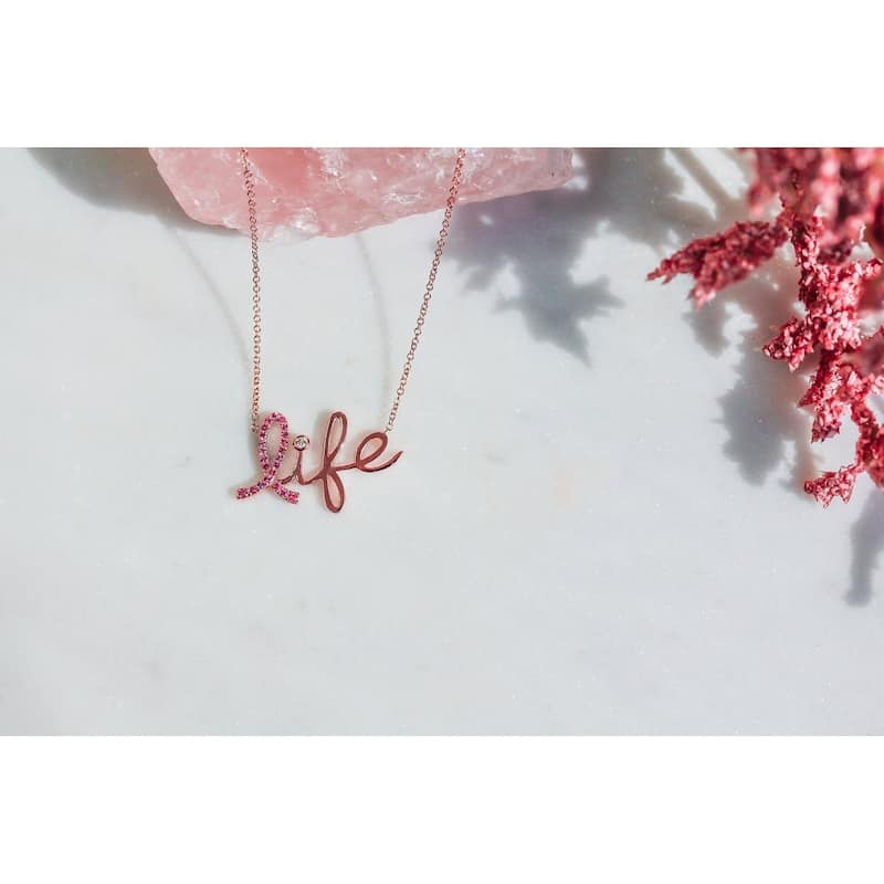 Annello by Kobelli 14k Rose Gold Breast Cancer Awareness Pink Sapphire and Diamond Accent 'Life' Necklace